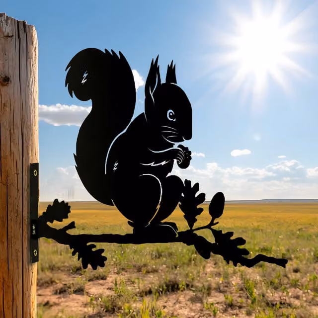 Betley Butterfly Squirrel Silhouette on Tree Branch Metal Fence Mounted Decoration, Black