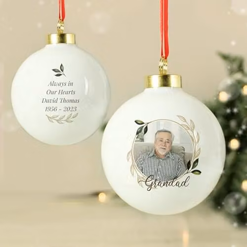 Personalised Memento Company White Ceramic Memorial Christmas Bauble with Custom Photo or Message