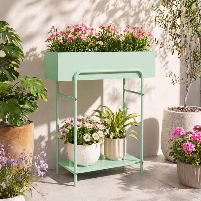 STILVORA 2 Tier Steel Plant Stand with Drainage Holes in Matt Green, W/D/H: 60 x 40 x 70 cm – 1