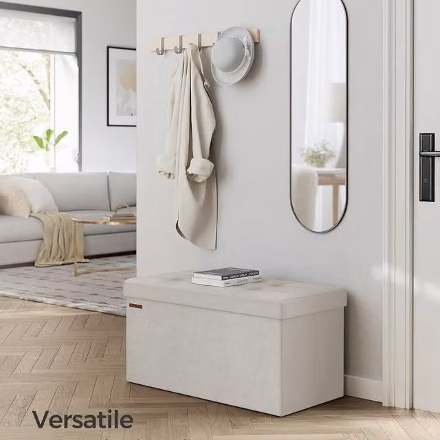 SONGMICS Velvet Storage Ottoman, Foldable Small Foot Rest in White