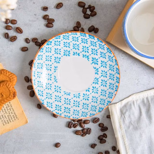 Nicola Spring Hand-Printed Floral Cappuccino Saucers in Blue, Diameter: 14.5 cm