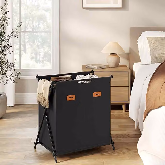The Bazaarist Double Laundry Sorter with Lids and Handles, Foldable X Frame, Black, W/D/H: 66 x 40 x 60 cm