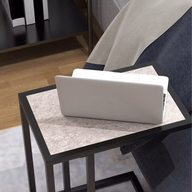 HOMCOM Modern C-Shape Side Table with Grey Marble-Effect Top