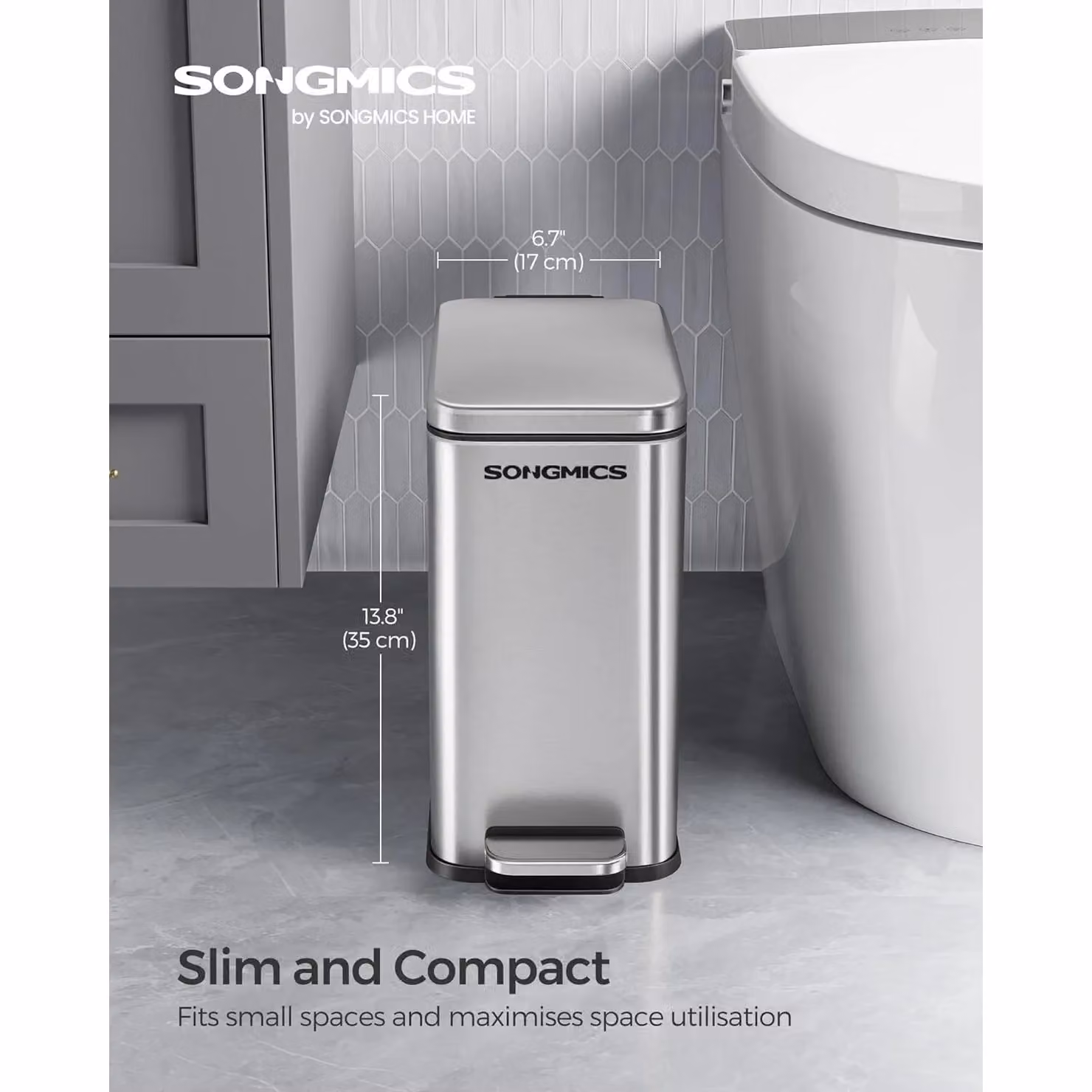 SONGMICS Slim Pedal Bin with Soft Close Lid and Removable Inner Bucket, Silver Steel – 2