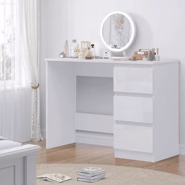 SPETLEK Modern 3 Drawer Dressing Table with Integrated Lighting in White Glossy Finish