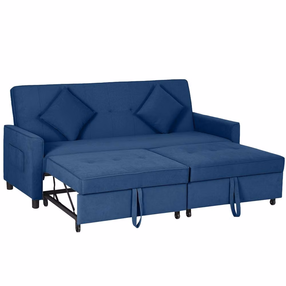 ERGOVEXA Three-Person Blue Velvet Click Clack Sofa Bed with Solid Wood Frame and Adjustable Headrest, W/D/H: 196 x 89 x 90 cm – 3
