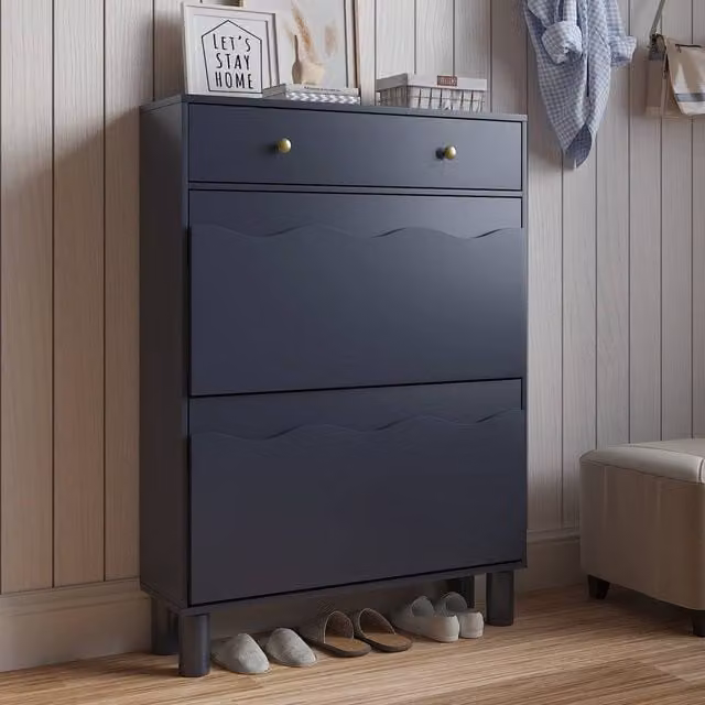 KEEPREAPER Modern Blue Shoe Cabinet with 2 Tilting Compartments and 1 Pull-Out Drawer – 1
