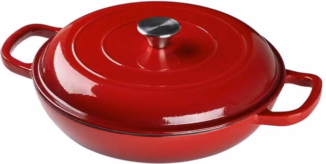 Garden Sanctuary Red Enamelled Cast Iron Dutch Oven Casserole Pot with Glass Lid, 3.2 l