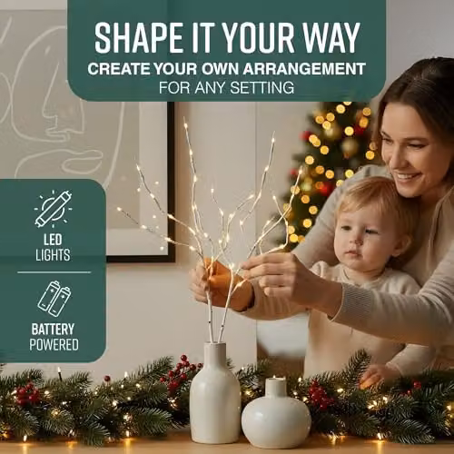Globrite 2 Pack White LED Twig Branch Lights with Warm White Decorative Willow Branches, Battery Powered Christmas Decorations – 3