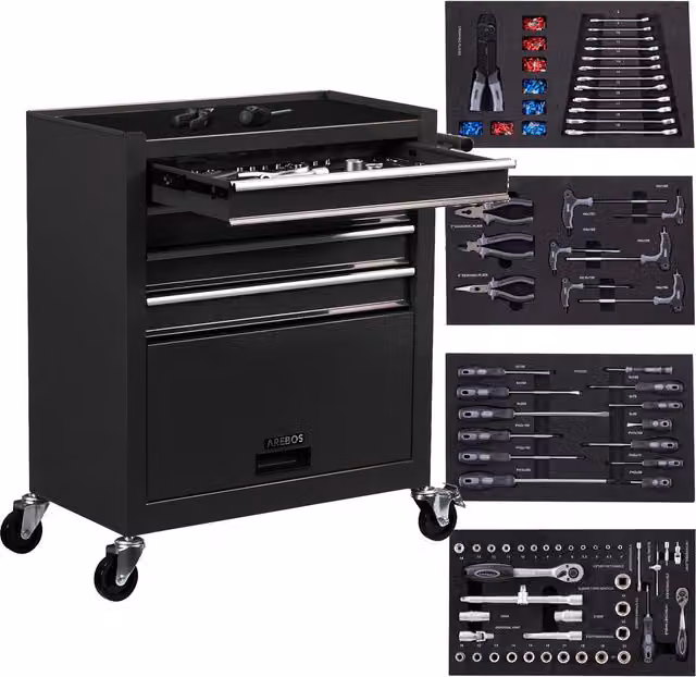 AREBOS Steel Workshop Trolley with 4 Drawers, Black