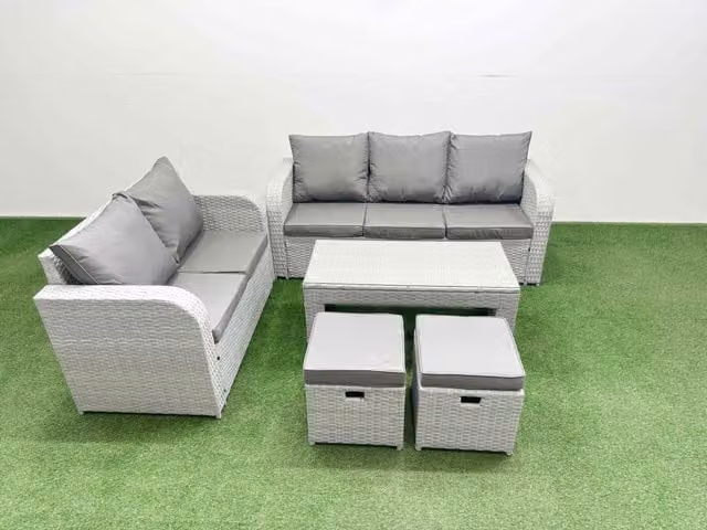 Fimous 7 Seater PE Rattan Wicker Garden Furniture Set in Light Grey with Oblong Coffee Table, 3 Seater Sofa, Love Seat and 2 Stools
