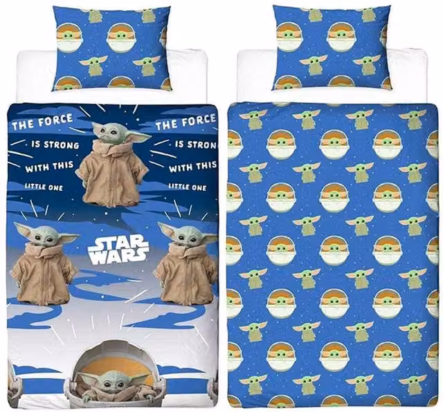 Star Wars Reversible Yoda Duvet Cover and Pillowcase Set in Blue and Multicolour, Single Size (90 x 200 cm)