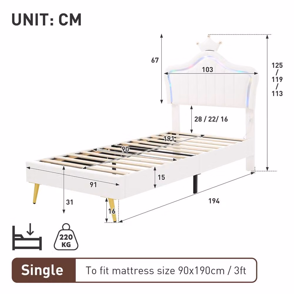 Rolipo Double Upholstered Bed Frame with LED Crown Headboard in White – 2