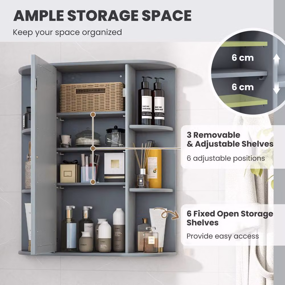 Costway Grey Wooden Wall Mounted Bathroom Medicine Cabinet with Mirror and Internal Shelves – 6
