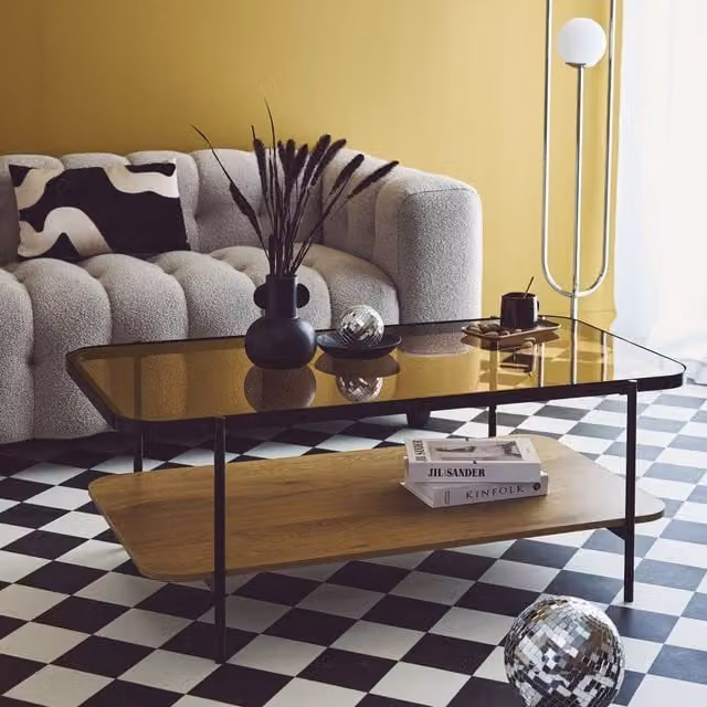 sweeek Vintage Rectangular Coffee Table with Black Metal Frame and Light Brown Wood Effect Top, W/D/H: 120 x 64 x 45 cm – 1