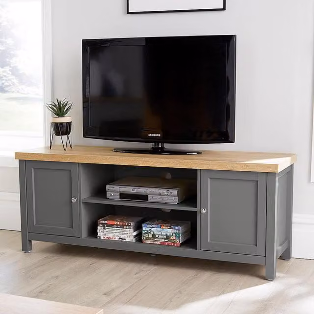 Avon Modern 2 Door TV Stand Storage Unit with 36mm Oak Effect Top in Graphite Grey