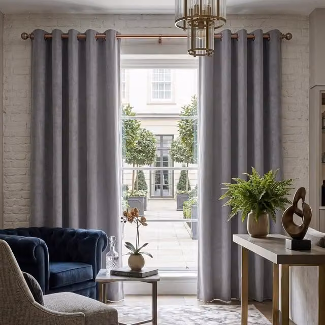 Livinluxury Silver Grey Velvet Chenille Opaque Eyelet Top Curtains, Height: 183 cm