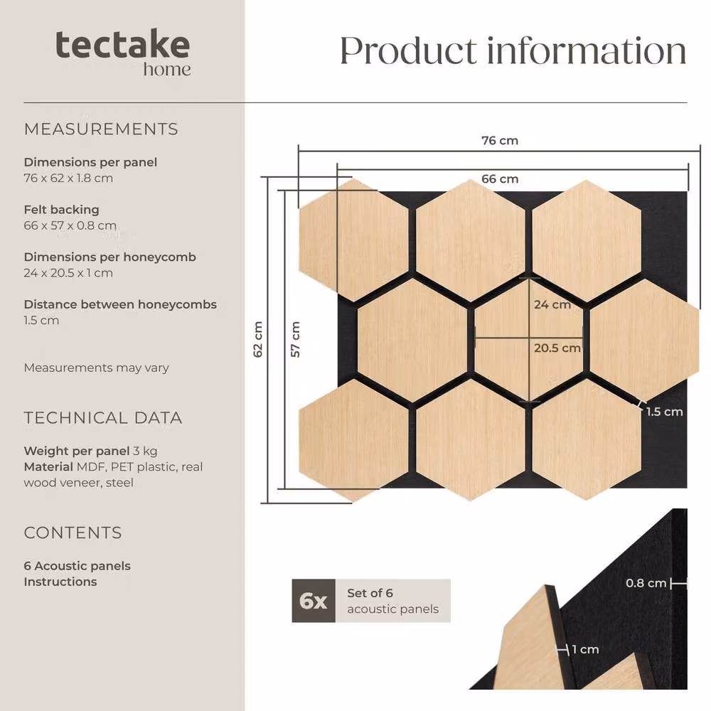 tectake Sound-Absorbing Acoustic Felt Wall Panels in Brown Wood Look, W/H: 76.0 x 62.0 cm – 5