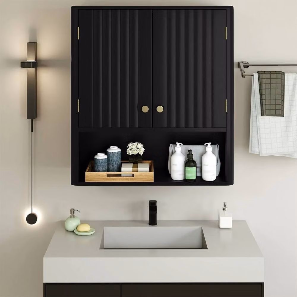 VOGREX Black Matt Wall Mounted Over-Toilet Storage Organizer with Hinged Doors and Internal Shelves – 3