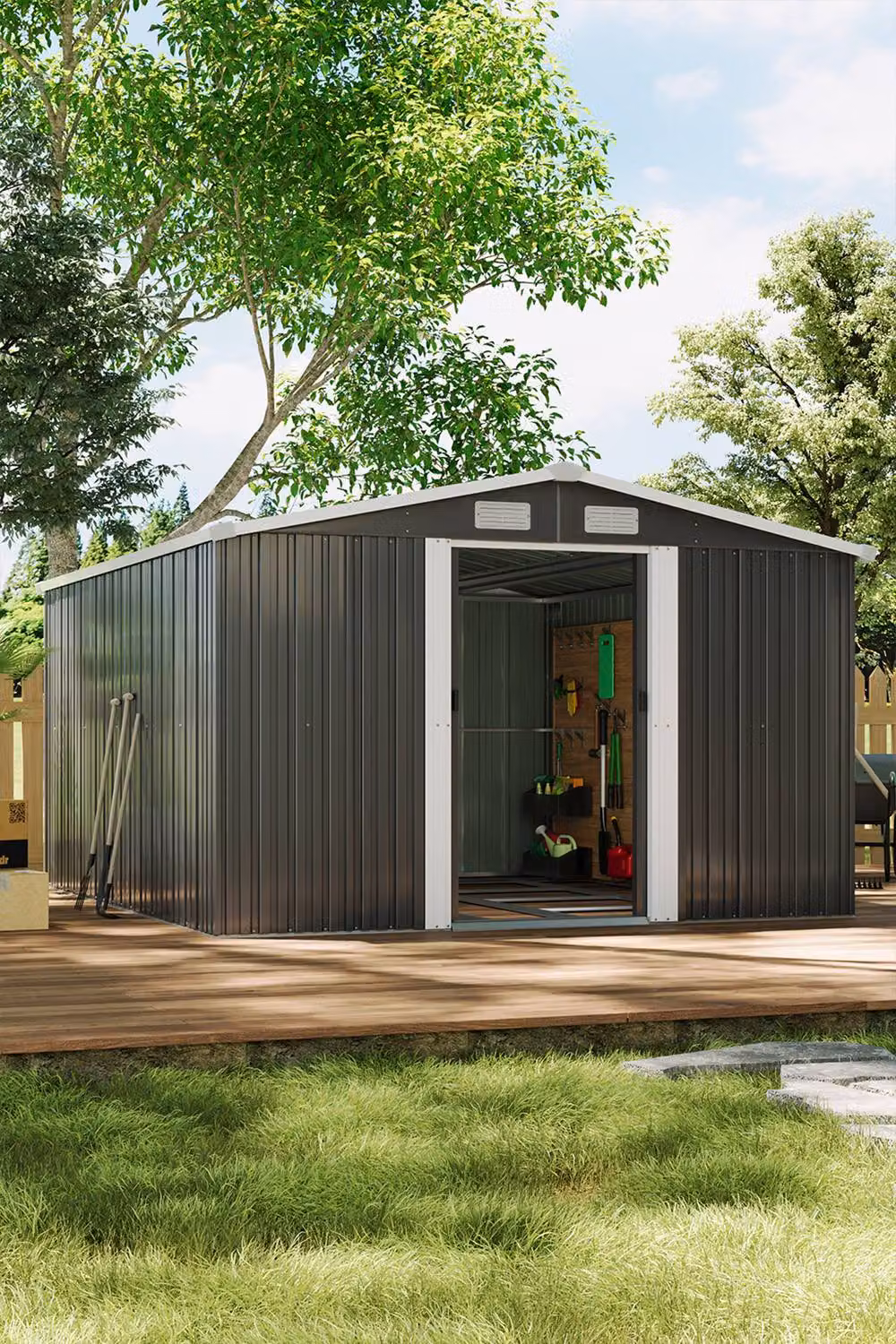 Living and Home Large Metal Garden Tool Storage Shed with Sliding Doors and Gable Roof, Grey, W: 365.76 cm, D: 323.0 cm, H: 202.0 cm – 2