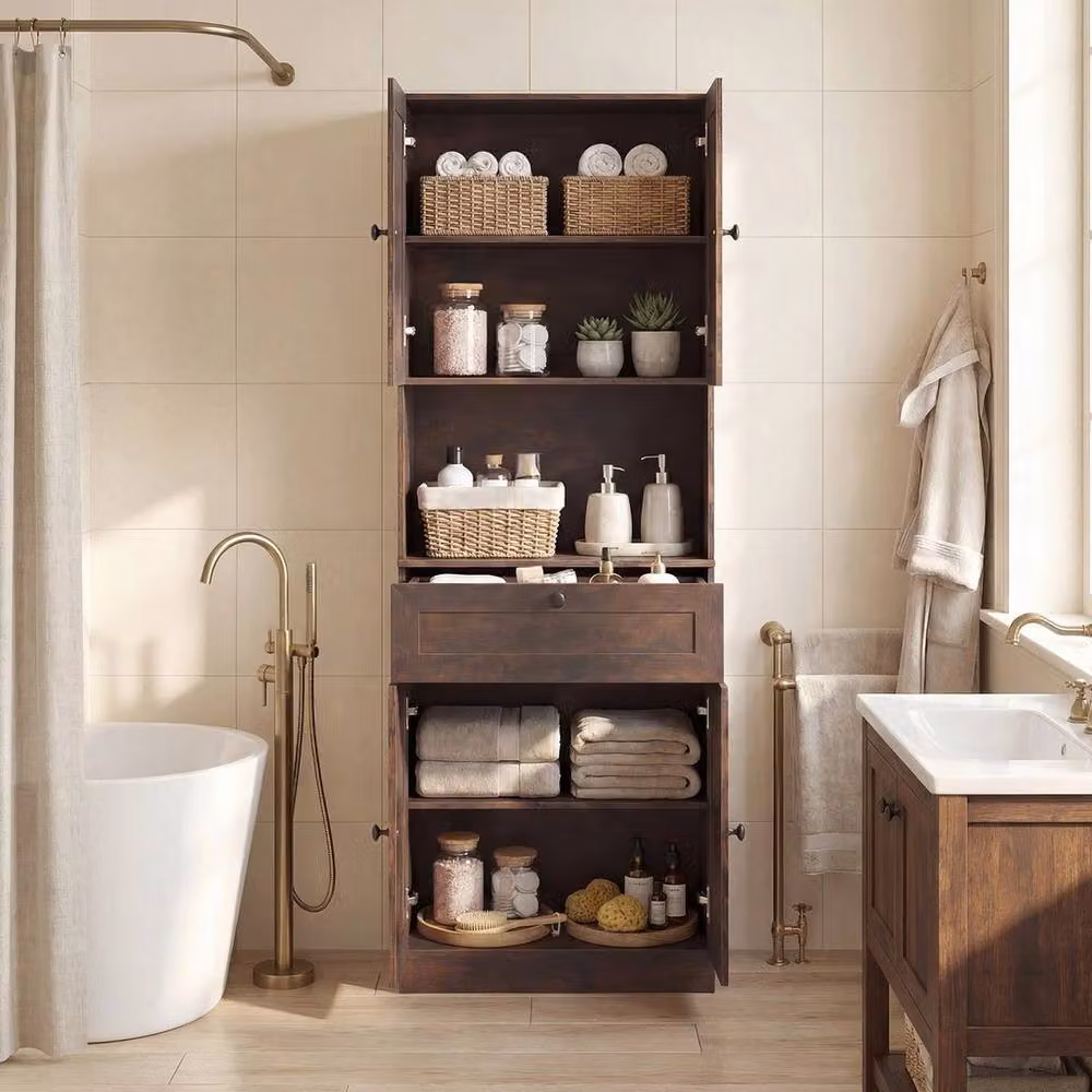 Kelvenix Freestanding Brown Bathroom Cabinet with Soft-Close Hinged Doors and Internal Shelves, Height: 171.5 cm – 4