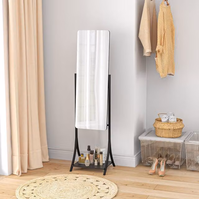 HOMCOM Modern Full Length Mirror with Storage Shelf in Black