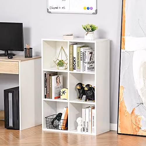 HOMCOM 3 Tier Cube Bookshelf with 6 Open Storage Compartments in White, W/D/H: 97.5 x 30.0 x 65.5 cm – 2
