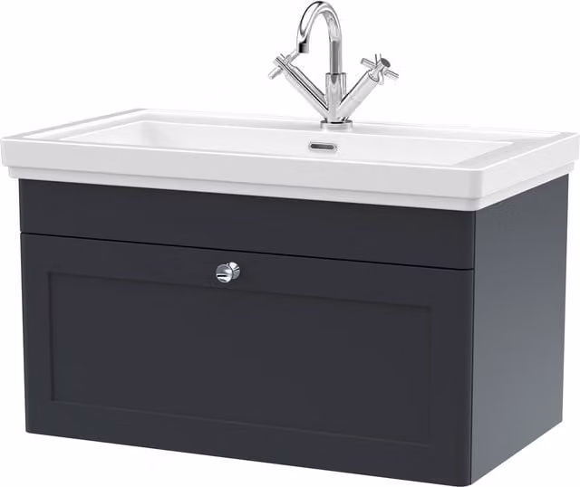 Balterley Wall Hung 1-Drawer Bathroom Vanity Unit and Fireclay Basin, Grey, Width: 80 cm