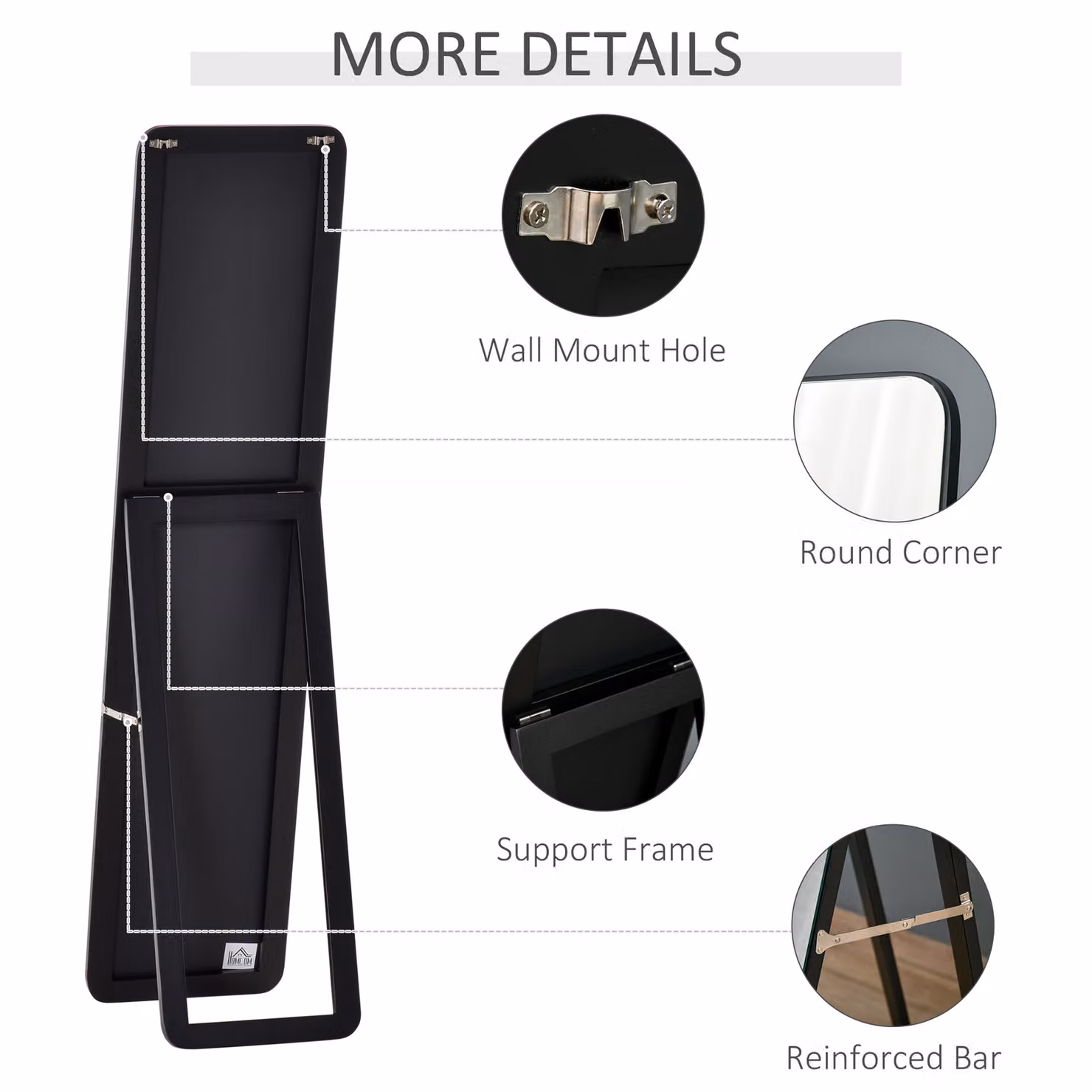 HOMCOM Full Length Mirror, Black Rectangular Free Standing or Wall Hanging Full Body Mirror – 5