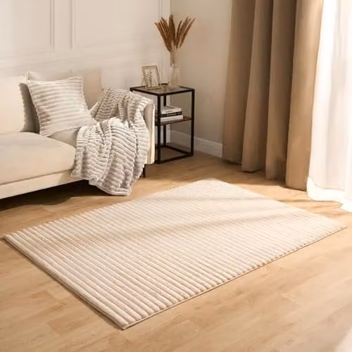 OHS Ribbed Faux Fur Rug in Beige Sand, W/D: 170 x 120 cm