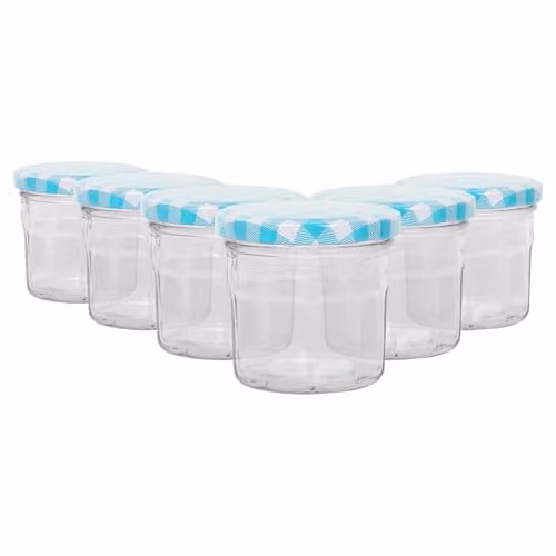 Argon Tableware Glass Jam Jars with Airtight Blue Lids, 130ml, Pack of 6
