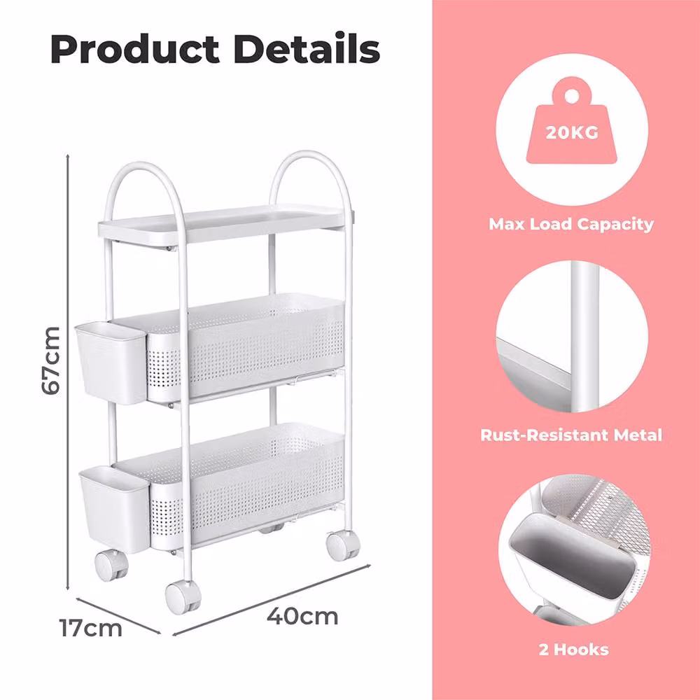 Levede 3 Tier Narrow Trolley Cart with Hanging Storage Basket in White – 5