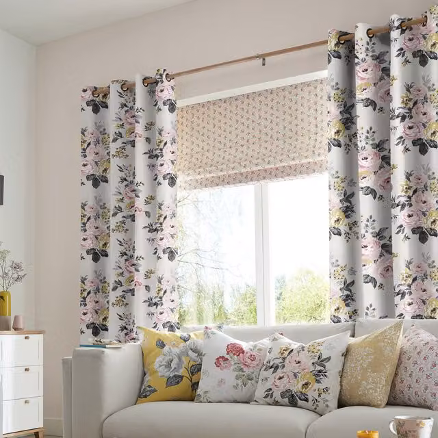 Cath Kidston Vintage Bunch Floral Blackout Eyelet Curtains in Multicolour and Beige