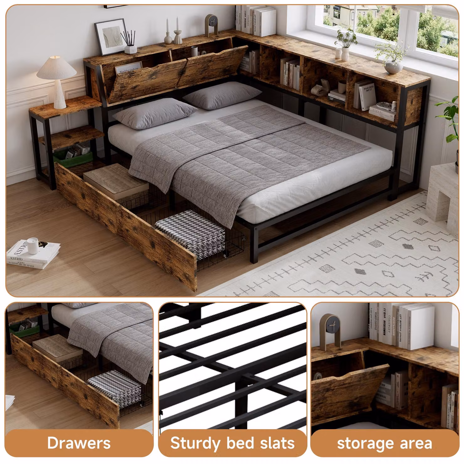 Aosom UK Classic Double Storage Bed with 2 Underbed Drawers and Built-in Bedside Storage, Rustic Brown, H 85 x W 136.5 x L 200 cm – 4