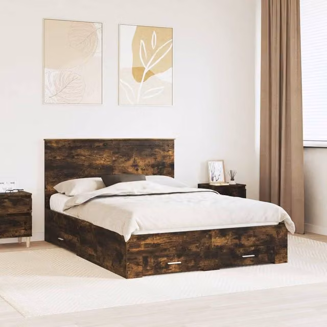Berkfield Home Modern Bed Frame with Drawers in Smoked Oak Brown, W/D/H: 135 x 190 cm – 1