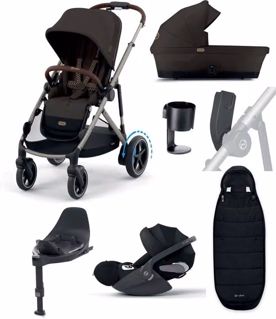 Cybex e-Gazelle S Electric Single to Double Pushchair Bundle with Cybex Cloud T i-Size Rotating Car Seat, 7 Pieces, Chocolate Brown