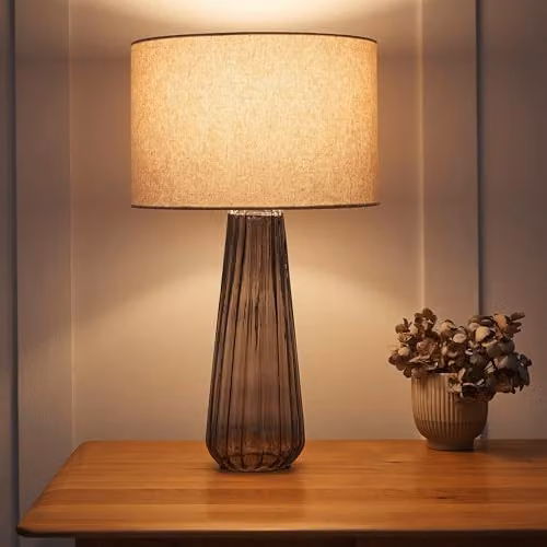 K LIVING Palma Smoke Glass Table Lamp with Grey Linen Shade, H 52 cm x W 30 cm x D 30 cm – 2