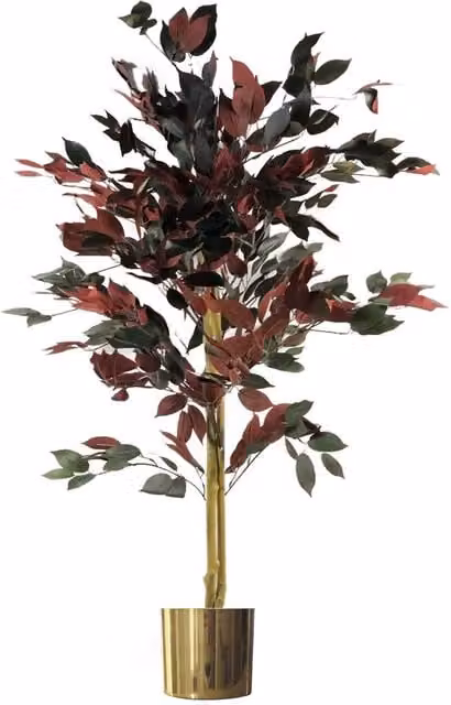 Artificial Red Ficus Tree with Gold Metal Planter in Green, Red and Yellow