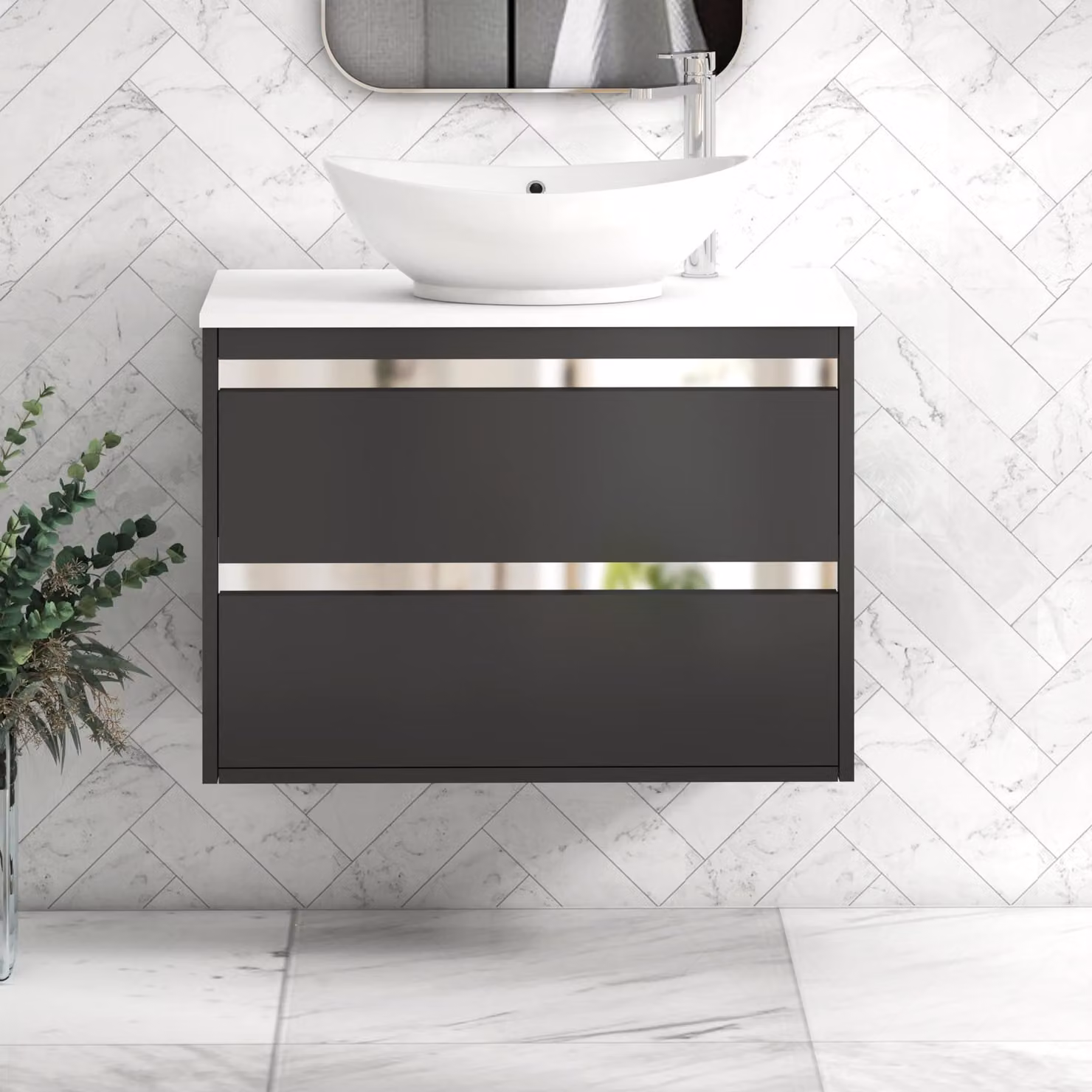 Royal Bathrooms Orion 800mm Matt Obsidian Black Wall Hung 2 Drawer Vanity Unit with Plain White Amaze Basin and Chrome Accent Trim
