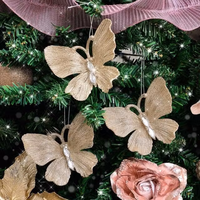Melody Maison Set of 3 Champagne Gold Glitter Jewelled Butterfly Christmas Hanging Decorations, 10 cm