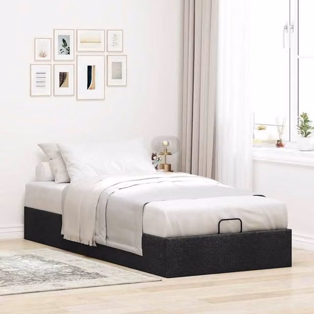 Berkfield Home Single Ottoman Bed Frame in Black Fabric with Lift Up Base, W/D/H: 90 x 190 x 23.5 cm