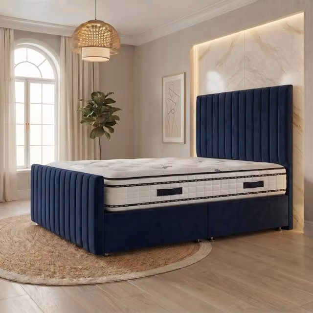 Somnior Eleanor Velvet Divan Bed with Hybrid Mattress and Headboard, Navy Blue, W/D/H: 120 x 200 x 137.16 cm