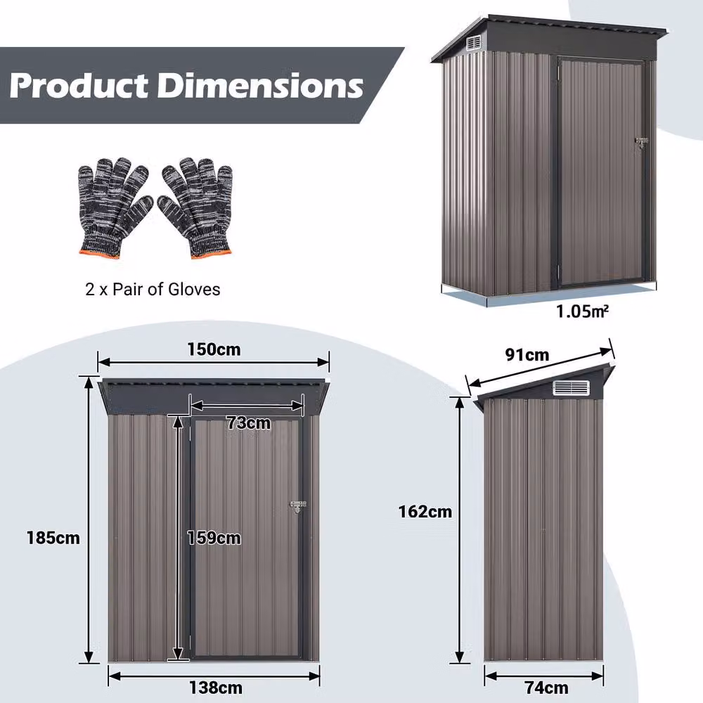 Costway Grey Pent All-Weather Metal Storage Shed with Sloping Design, W/D/H: 185 x 138 x 74 cm – 2