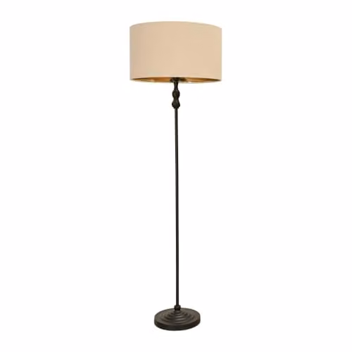 ValueLights Maggie Black Metal Candlestick Floor Lamp with Beige and Gold Fabric Cylinder Shade