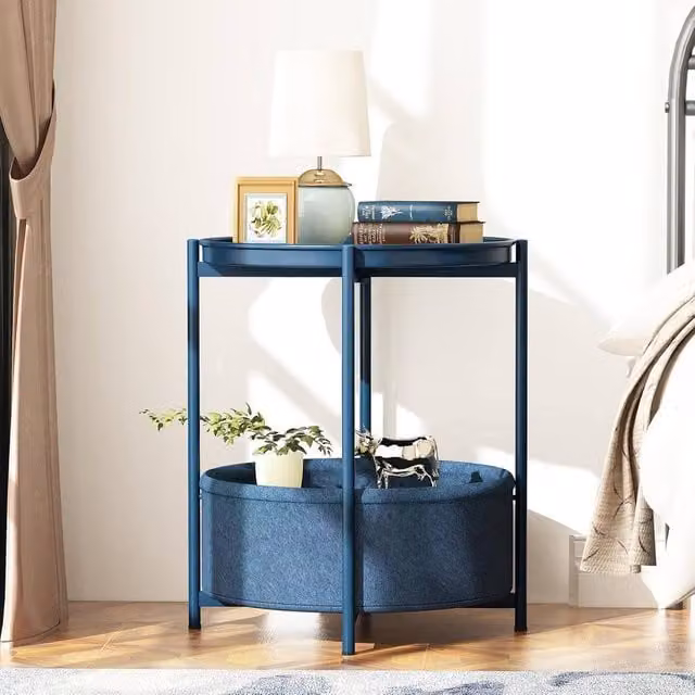 Huhote Round 2 Tier Fabric End Side Table with Storage Basket in Blue