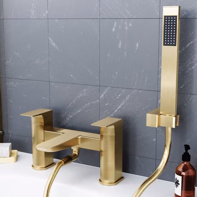Nes Home Contemporary Brushed Brass Bath Shower Mixer Tap with Handheld Kit in Gold – 1