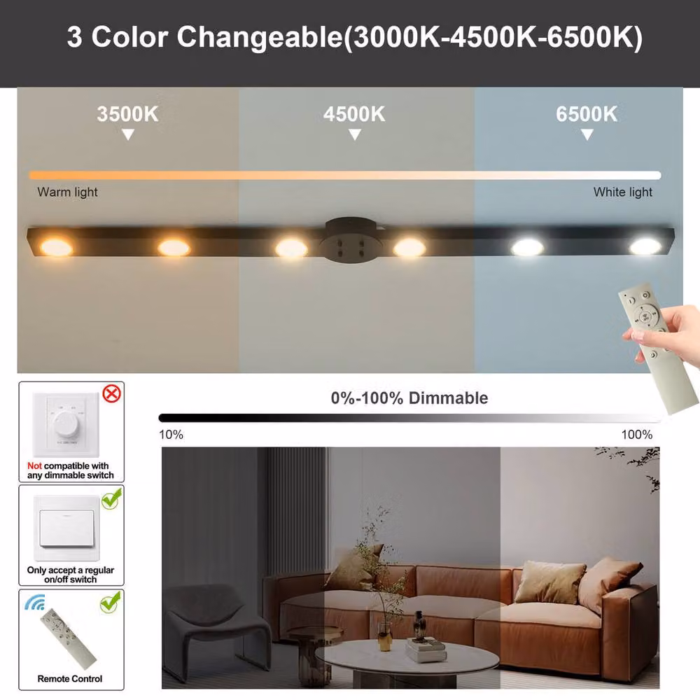 Garwarm 6 Light Dimmable LED Integrated Flush Mount Ceiling Bar in Black – 5