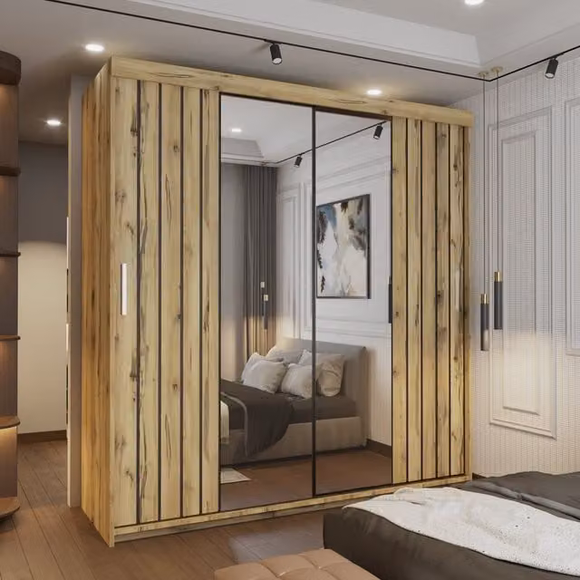 Sliding Wardrobes 4U Modern Double Sliding Wardrobe with Integrated LED Light in Light Oak, W: 203 cm, H: 217 cm, D: 62 cm