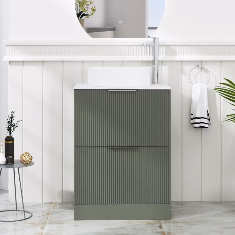 Royal Bathrooms Evora 600mm Sage Green Fluted Floor Standing Countertop Vanity Unit with 2 Drawers and Art Basin