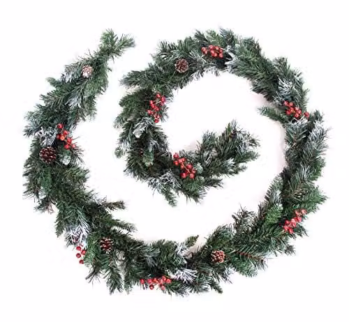 Best Artificial Deluxe Frosted Christmas Garland with Pine Cones and Red Berries, 9ft, Green and Red – 1